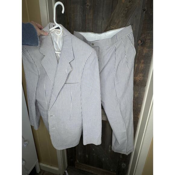 Hardy Amies Vintage Two-Piece Suit 36x30 White w/ Blue Stripes 100% Cotton - Picture 4 of 15